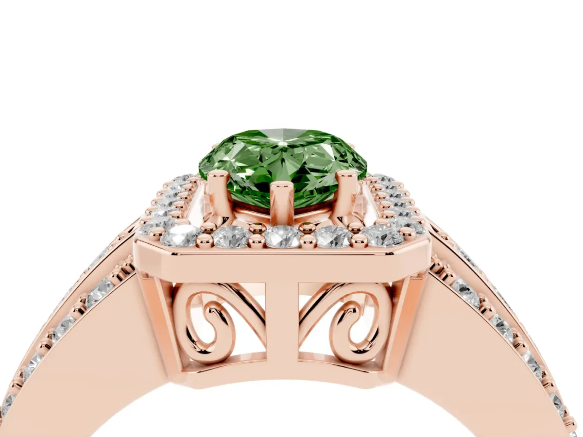 Fancy Green Pear Cut Halo Diamond Ring with Round Split Shank and Prong Setting Rose gold