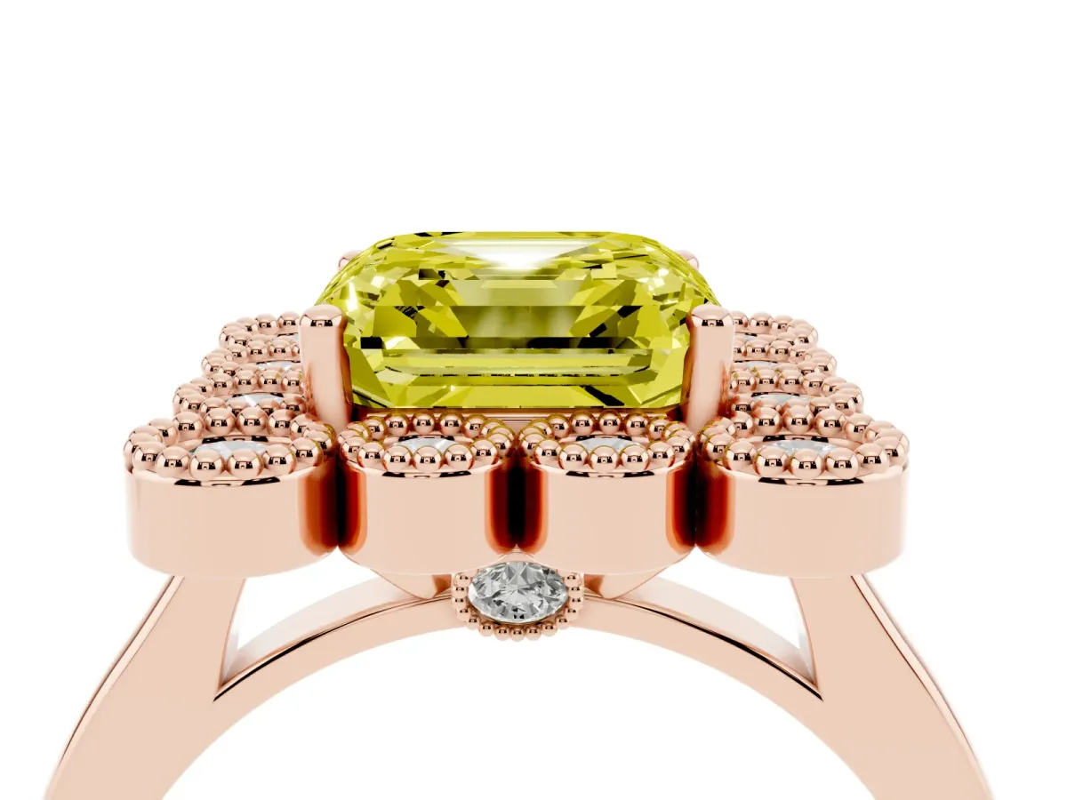 Fancy Yellow Asscher Cut Halo Diamond Cluster Engagement Ring with Milgrain Bezel Setting and Solitaire Band Rose gold