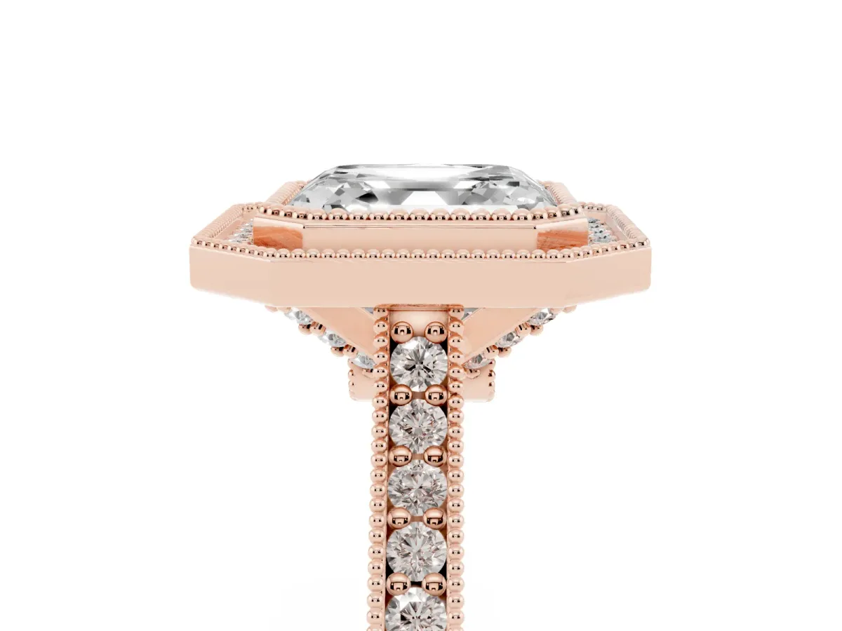 Halo Asscher Cut-Cut Diamond Pave Band Milgrain Prong Setting Ring Rose gold