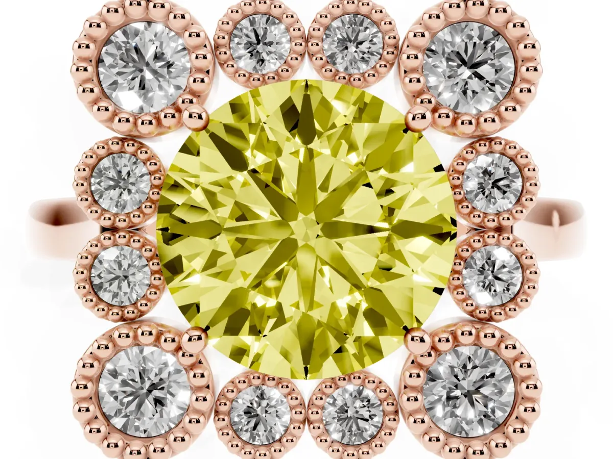 Fancy Yellow Round Cut Halo Diamond Cluster Engagement Ring with Milgrain Bezel Setting and Solitaire Band Rose gold