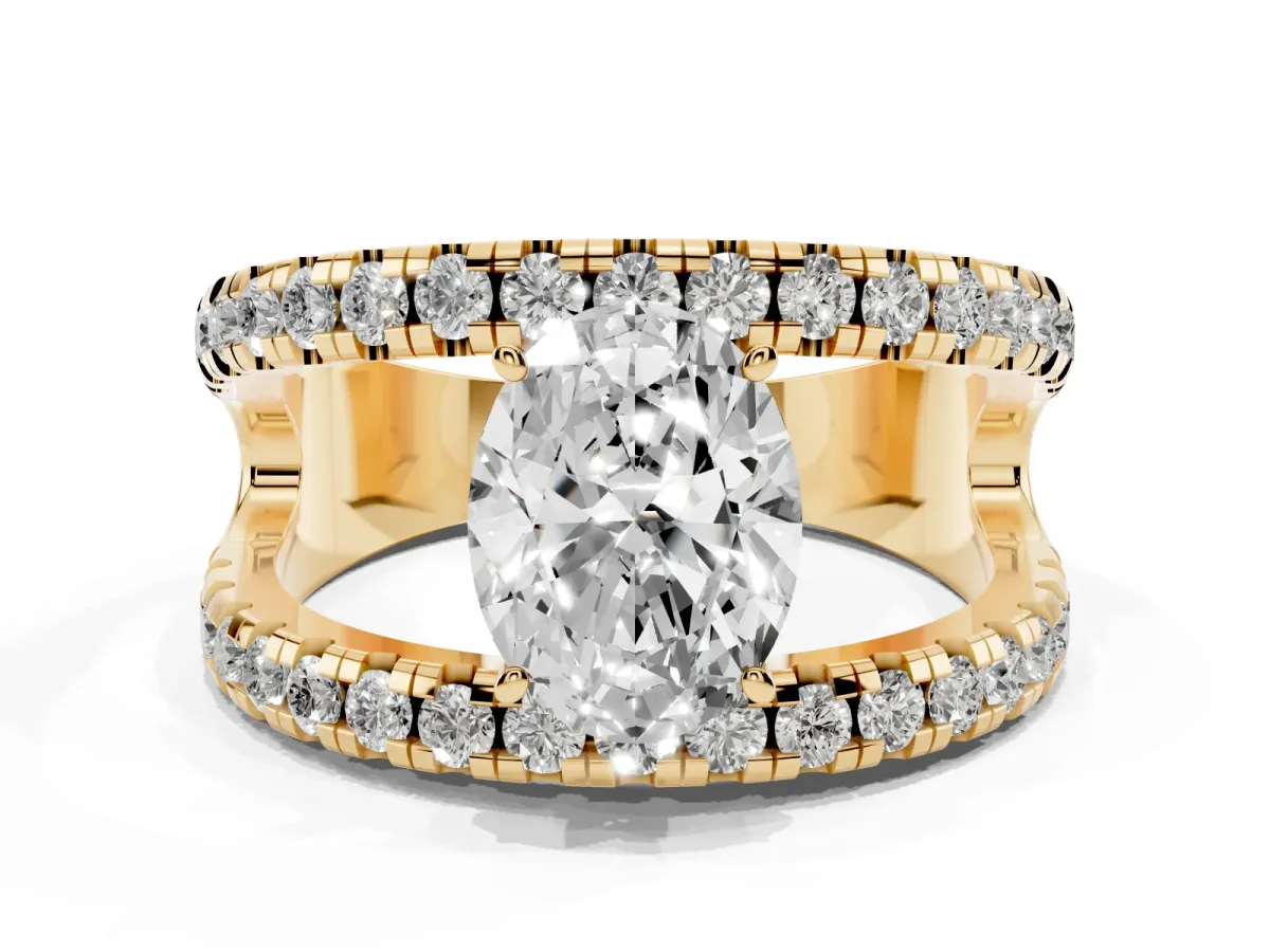 Oval Cut Solitaire Split Shank Pave Diamond Ring Yellow gold