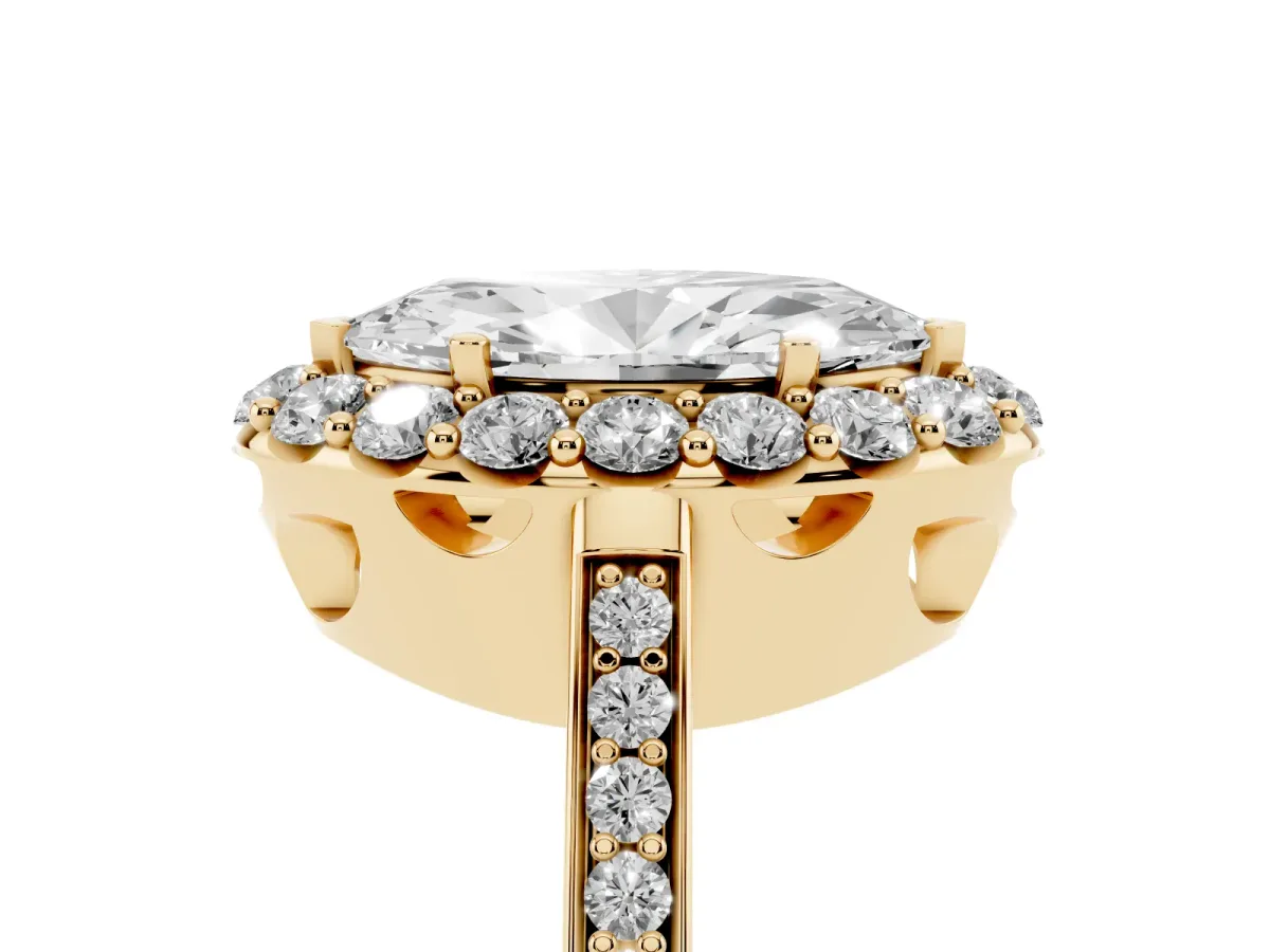Marquise Cut Diamond Floral Halo Ring with Pavé Band and Prong Setting Yellow gold