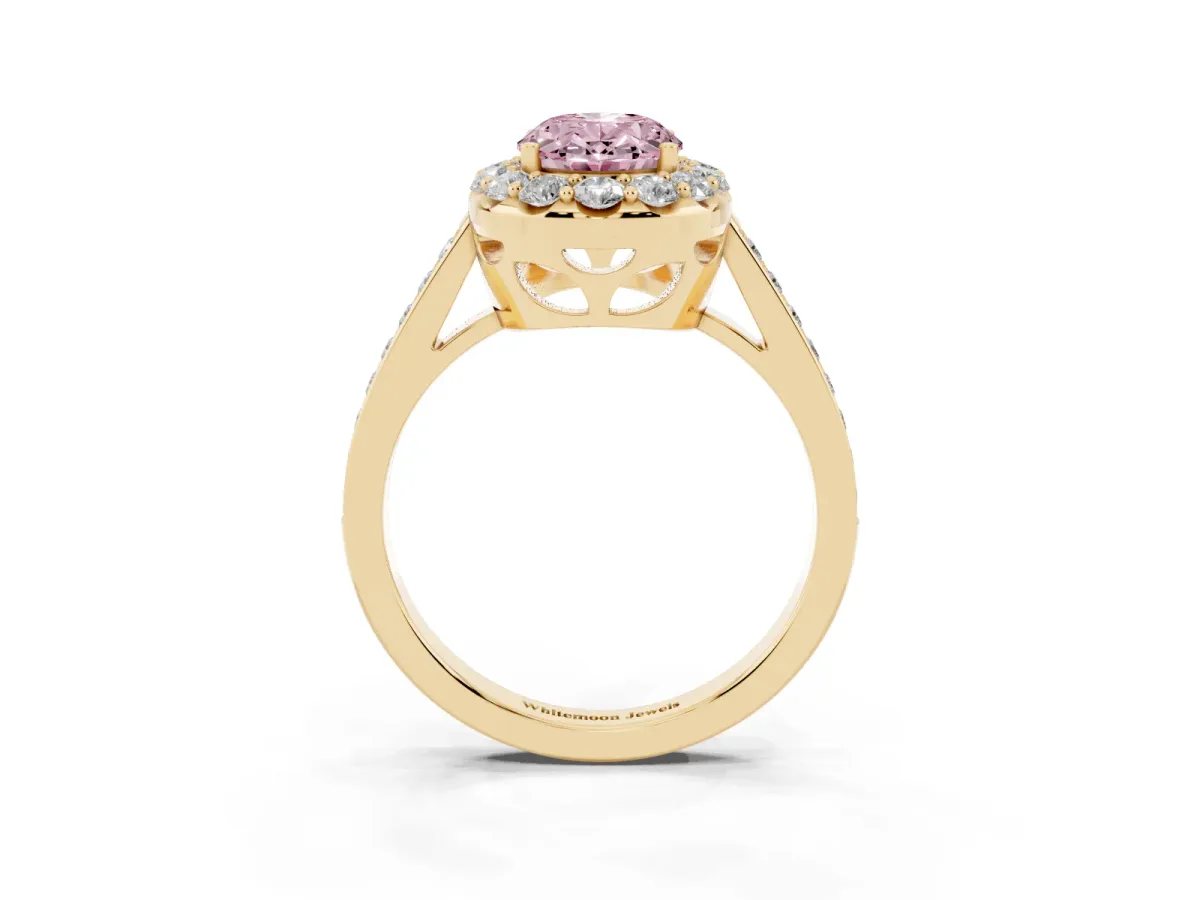 Fancy Pink Oval Cut Diamond Floral Halo Ring with Pavé Band and Prong Setting Yellow gold