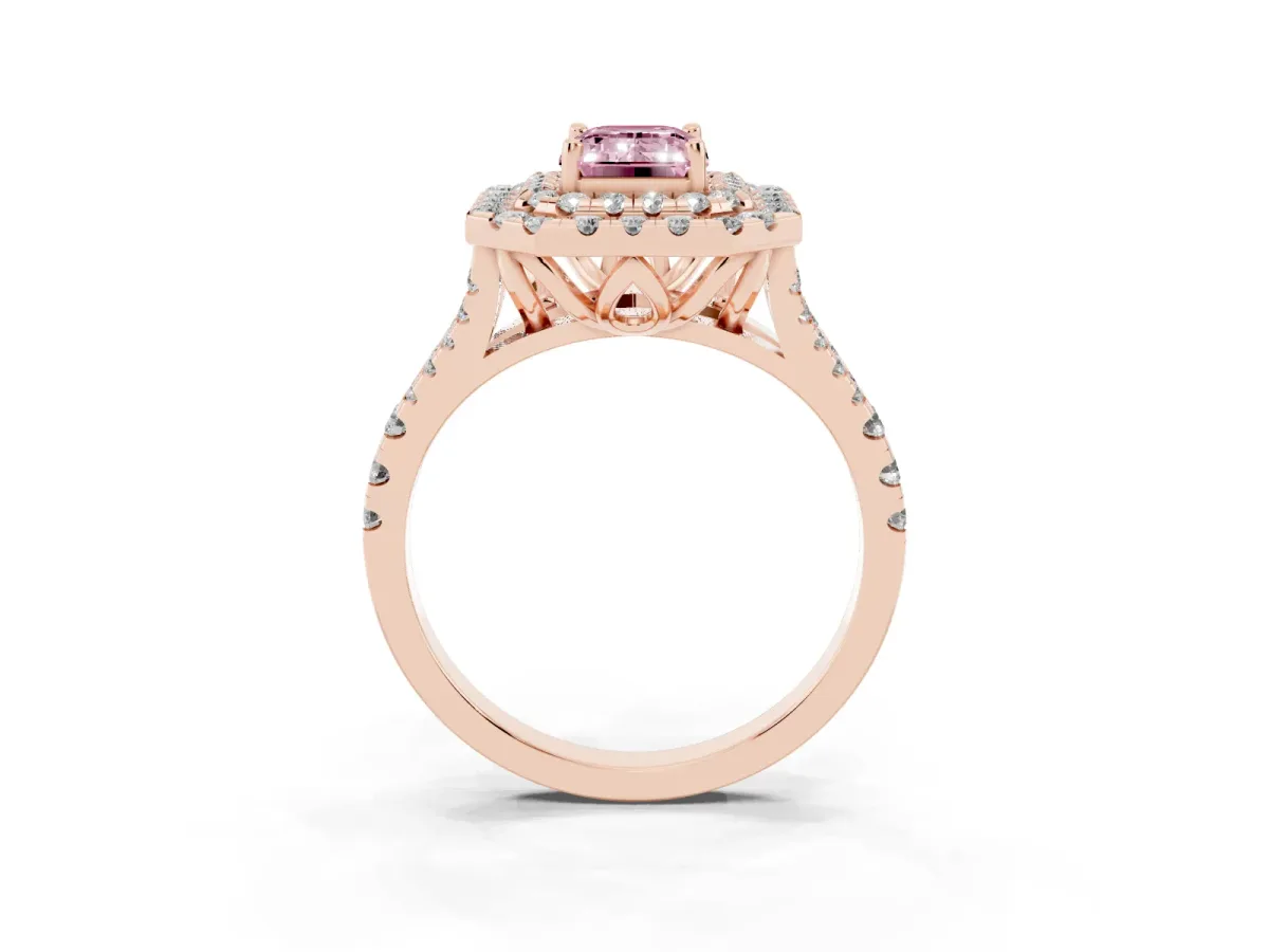 Fancy Pink Double Halo Emerald Cut Diamond Pavé Split Shank Ring with Prong Setting Rose gold