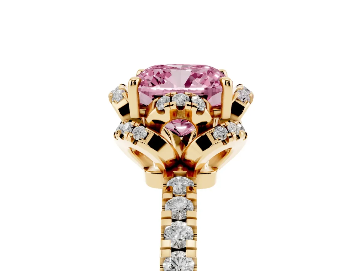 Fancy Pink Cushion Cut Halo Diamond Pave Band Ring with Four-Prong Setting Yellow gold