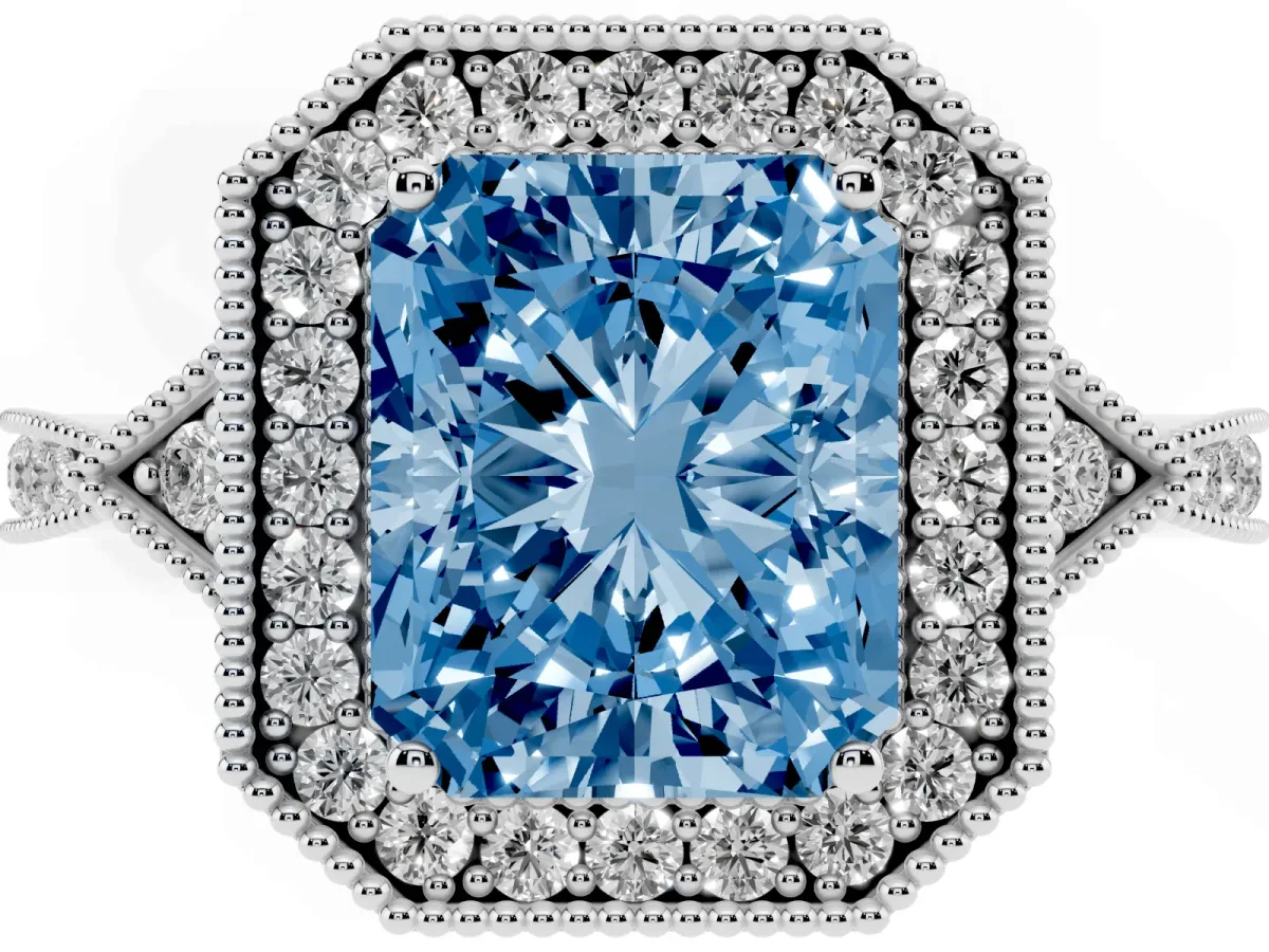 Fancy Blue Radiant Cut Halo Round Diamond Milgrain Pave Engagement Ring Platinum