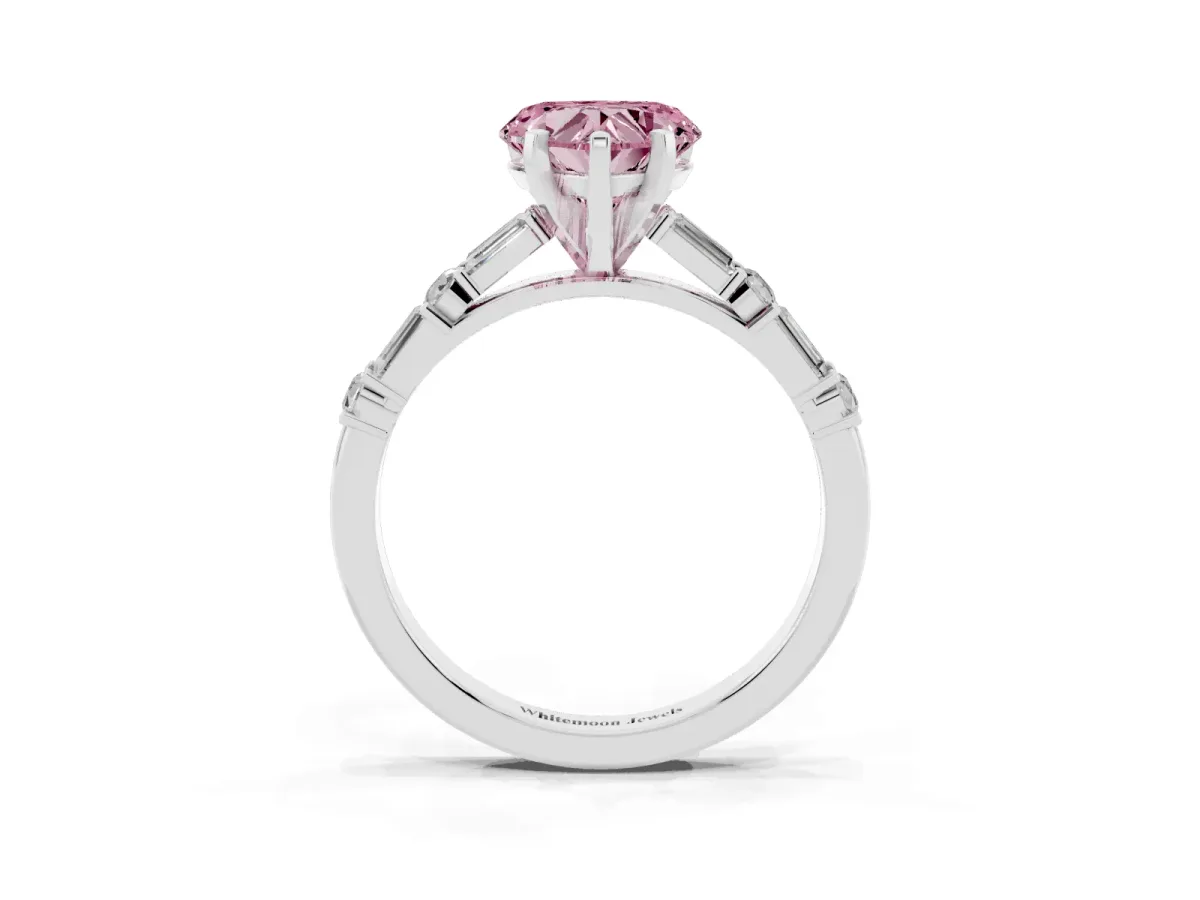 Fancy Pink Heart Cut Diamond Solitaire with Side Baguettes and Channel Set Band Platinum