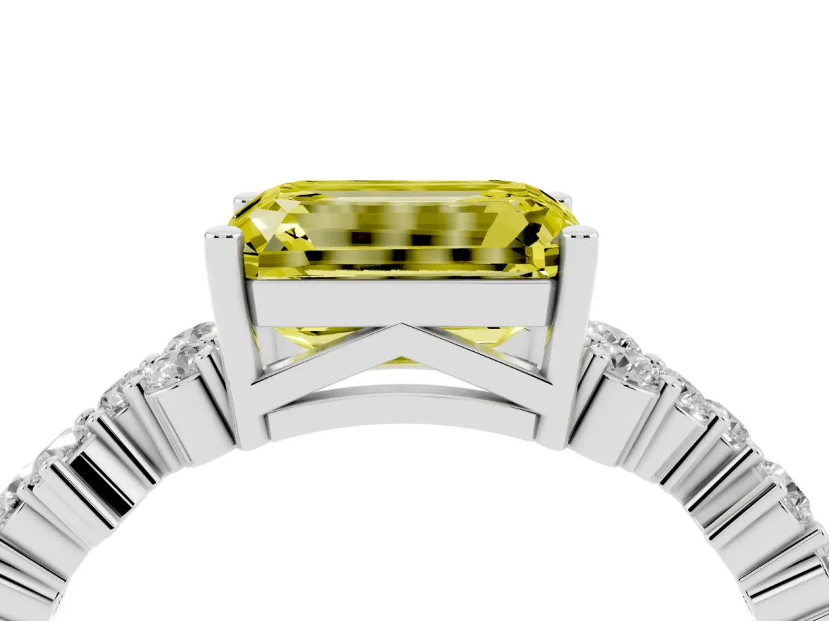 Fancy Yellow Emerald Cut Diamond Scattered Round Accent Ring with Prong Setting Silver
