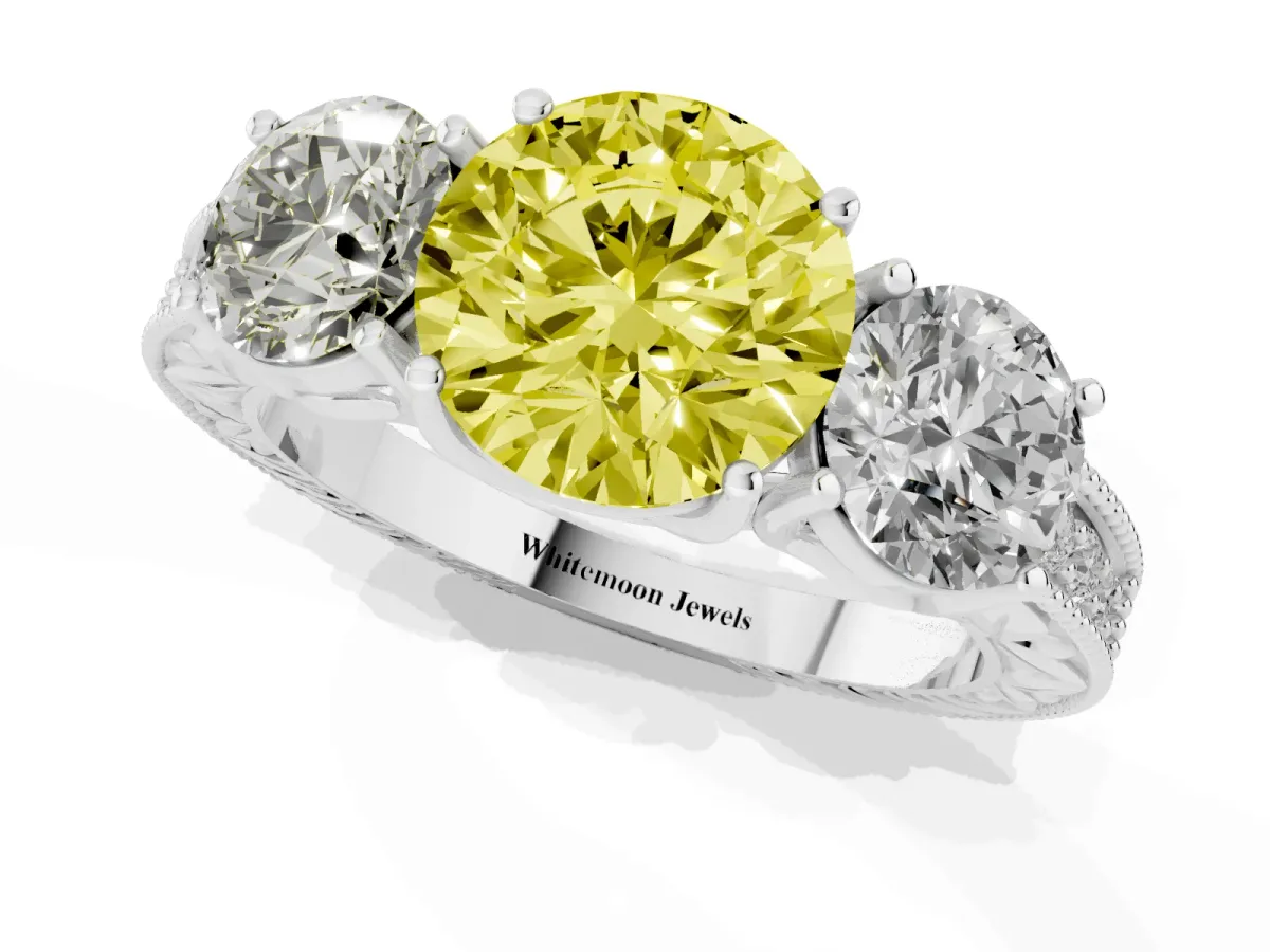 Fancy Yellow Three-Stone Round Cut Cut Milgrain Pavé Engagement Ring White gold