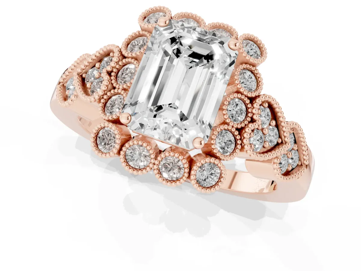 Emerald Cut Brilliant Milgrain Pave Heart Band Solitaire Ring Rose gold