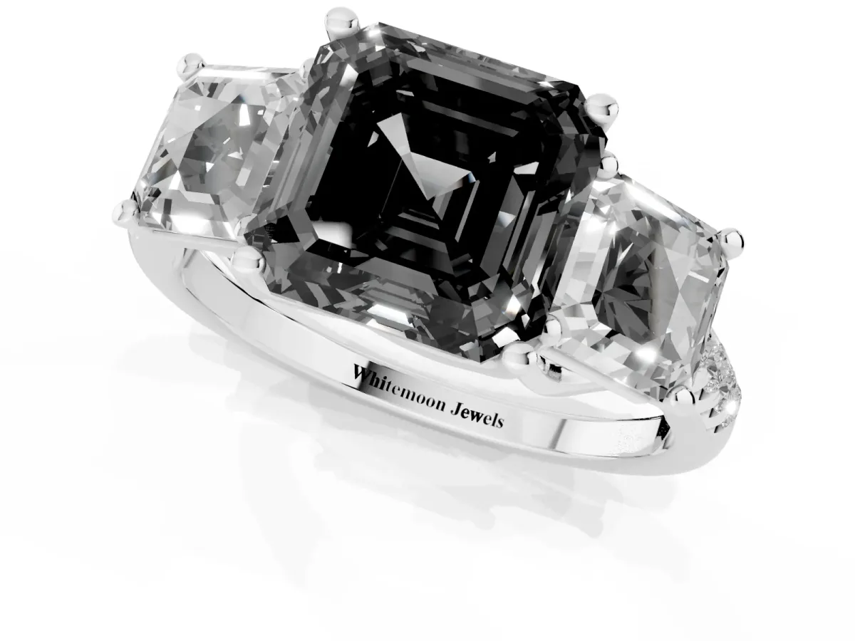 Fancy Black Three-Stone Asscher Cut Diamond Ring with Round Pavé Band and Prong Setting Silver