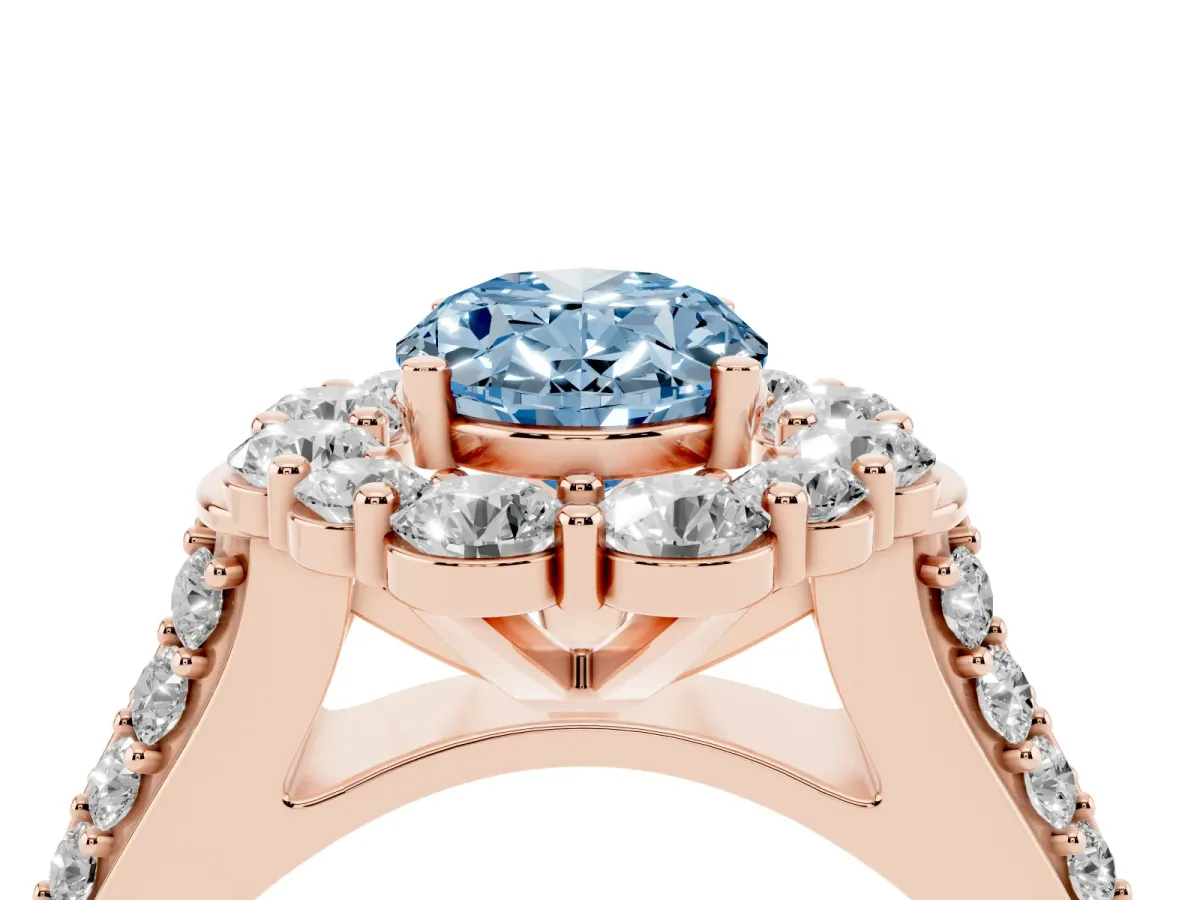 Fancy Blue Oval Cut Halo Diamond Engagement Ring with Split Shank and Prong Setting Rose gold