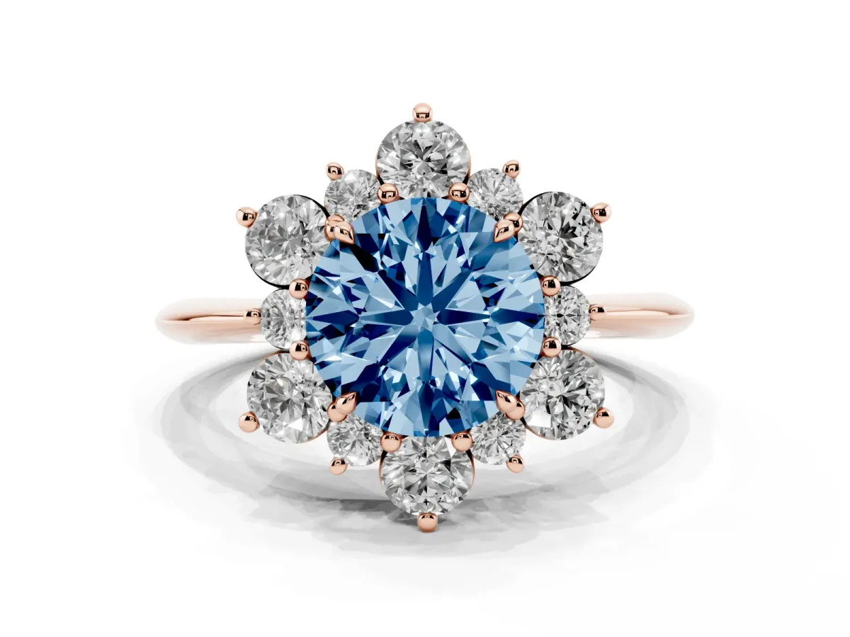 Fancy Blue Round Cut Diamond Cluster Halo Ring with Solitaire Band and Four-Prong Setting Rose gold