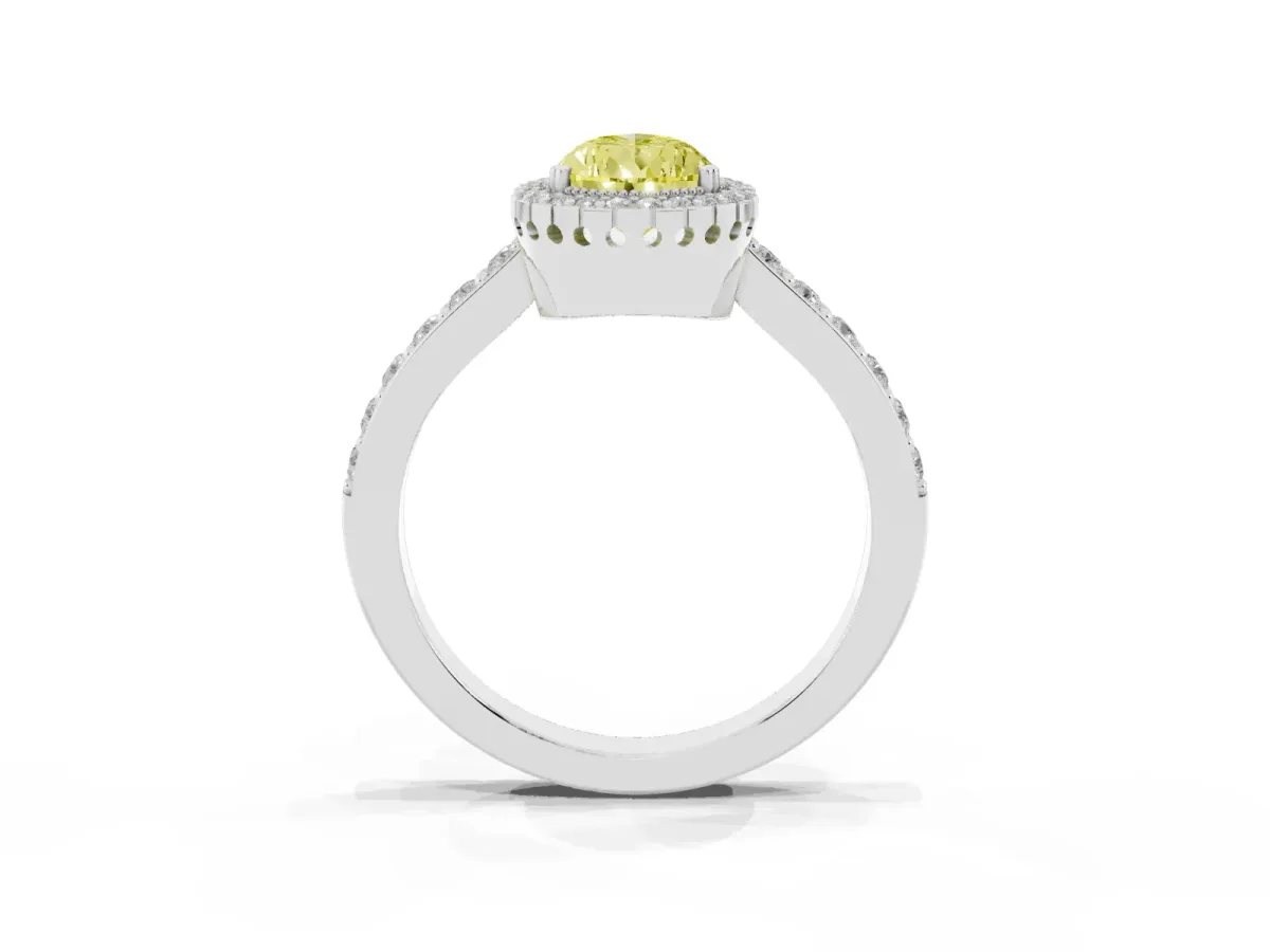 Fancy Yellow Pear Cut Cut Diamond Halo Engagement Ring with Milgrain Detail and Pavé Band Silver