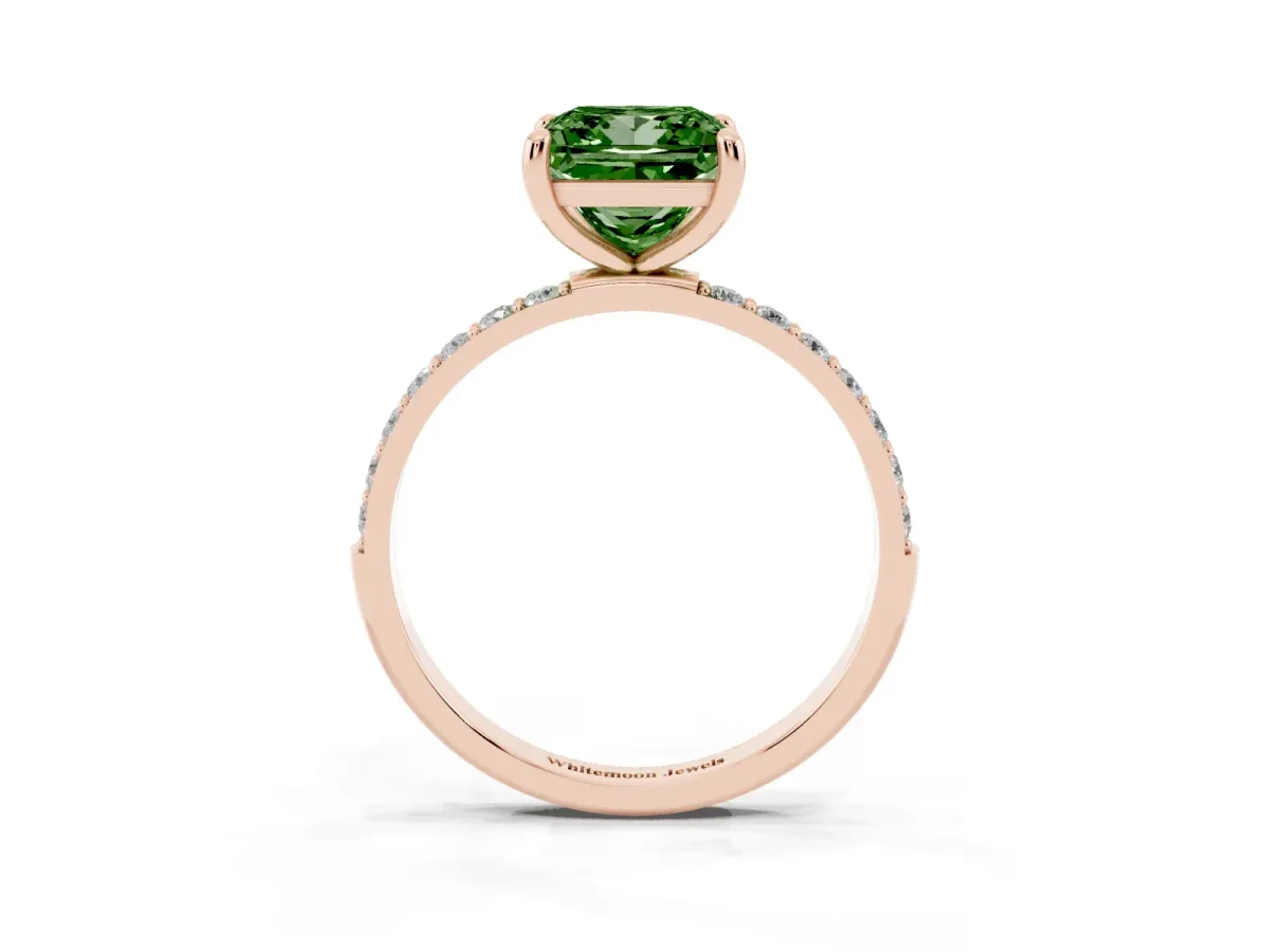 Fancy Green Princess Cut Diamond Solitaire Ring with Round Pavé Band and Prong Setting Rose gold