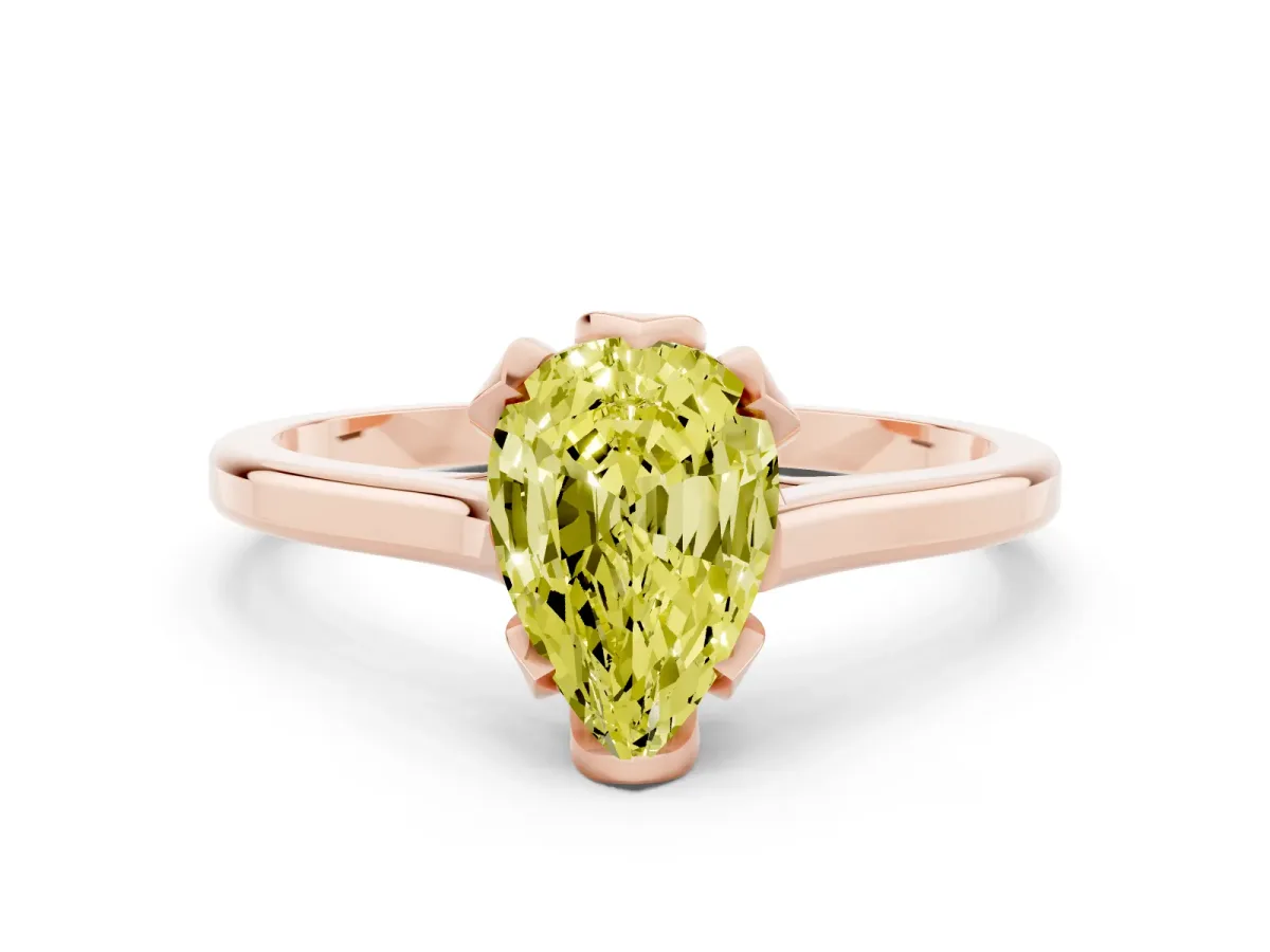 Fancy Yellow Pear Cut Diamond Solitaire Ring with Flower Prong Setting and Classic Band Rose gold