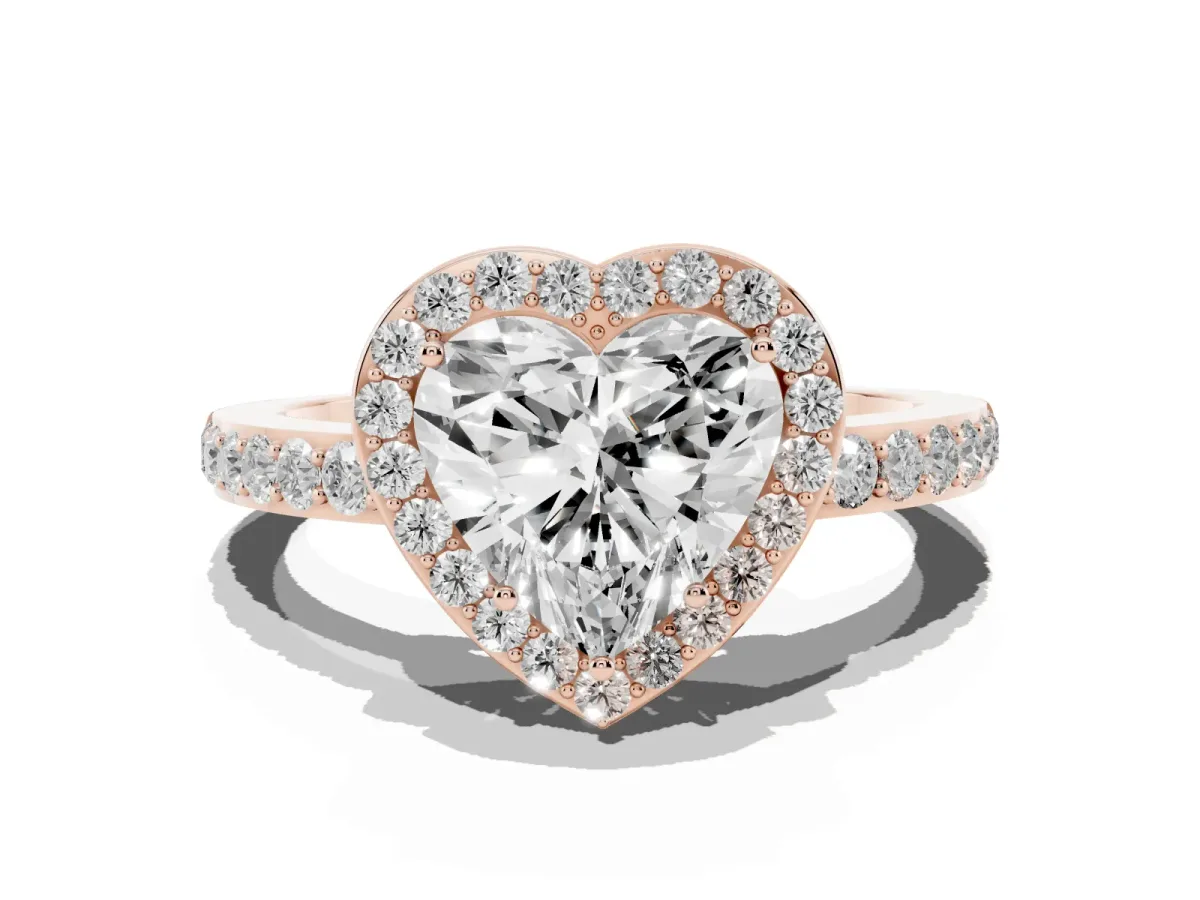 Heart Cut Halo Diamond Pavé Band Ring with Prong Setting Rose gold