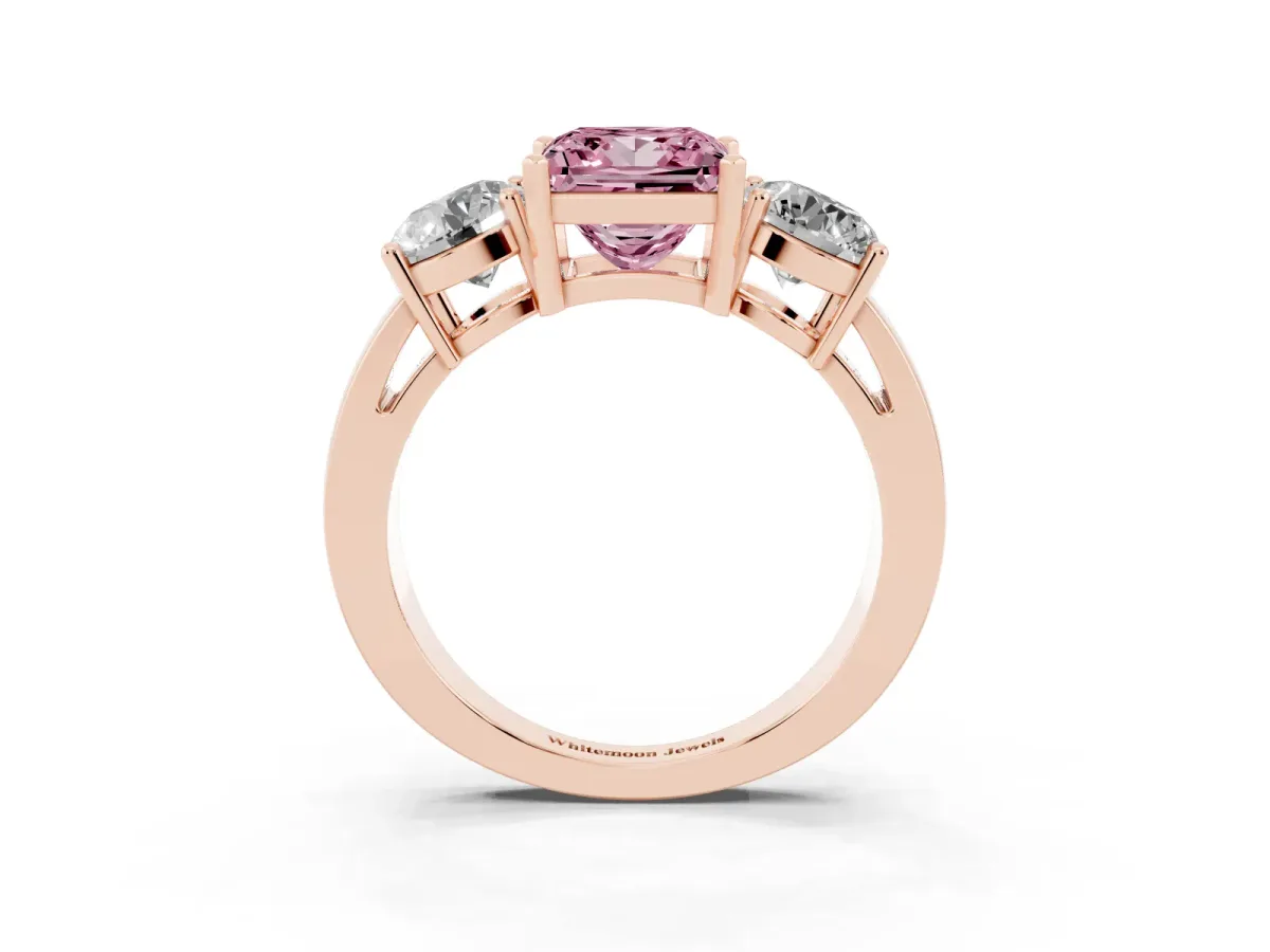 Fancy Pink Three-Stone Princess Cut Diamond Ring with Round Side Stones, Classic Band, and Four-Prong Setting Rose gold