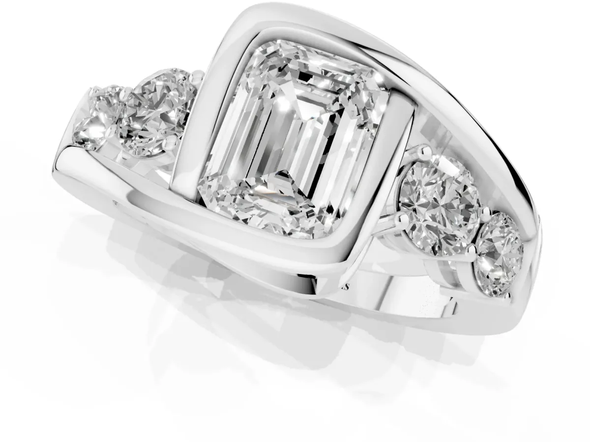 Bezel Set Emerald Cut Diamond Bypass Ring with Round Accents Silver