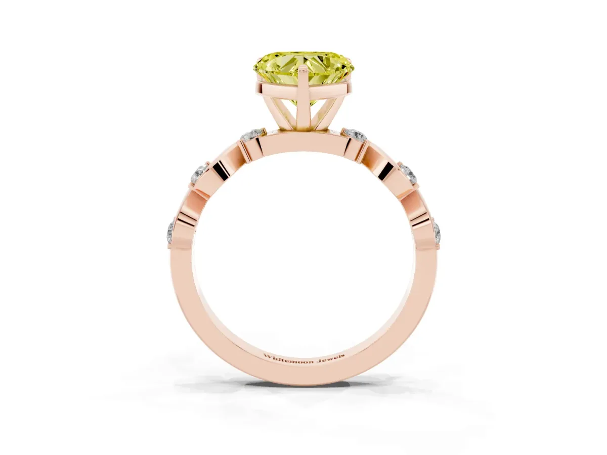 Fancy Yellow Heart Cut Diamond Solitaire Twisted Band with Round Accents and Prong Setting Rose gold