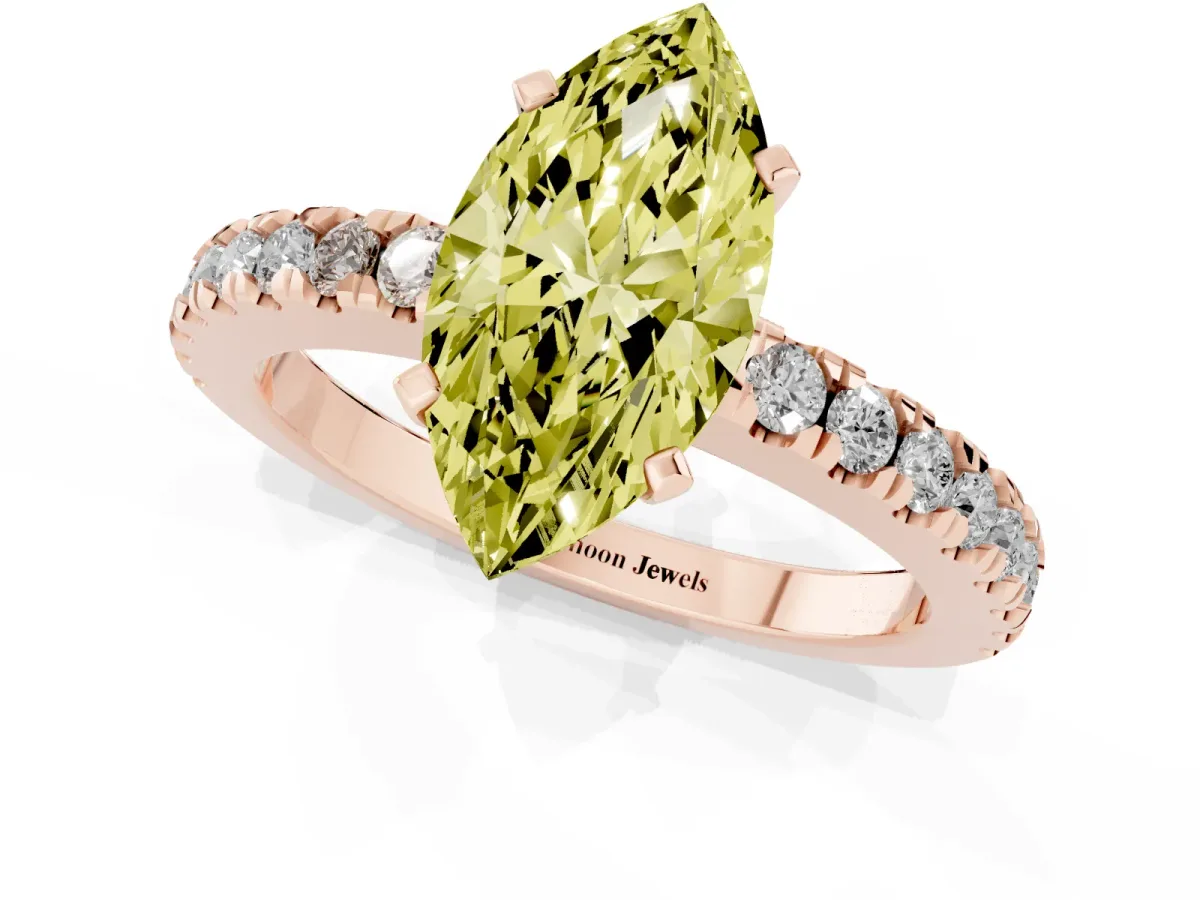 Fancy Yellow Marquise Cut Solitaire Diamond with Pavé Band and Four-Prong Setting Rose gold