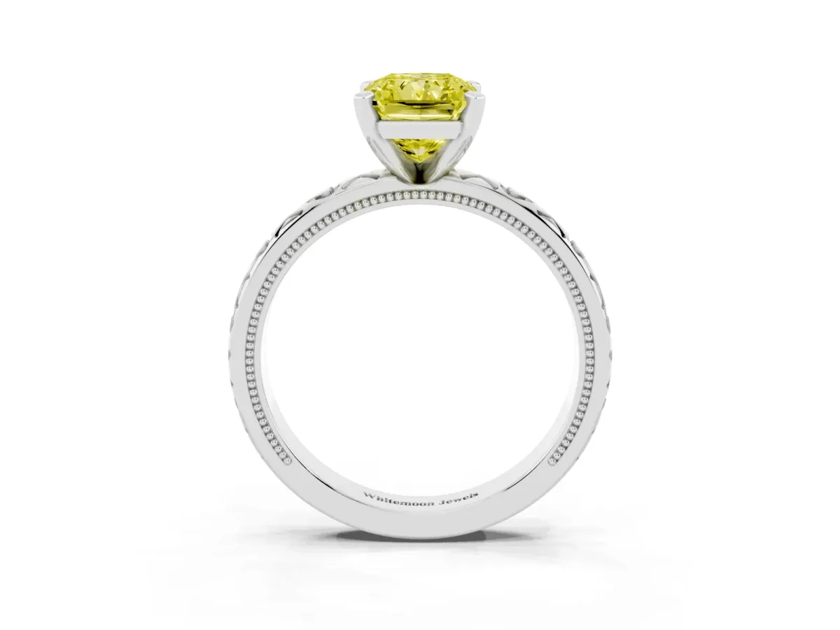 Fancy Yellow Radiant Cut Solitaire Diamond Engagement Ring with XO Engraved Band and Four-Prong Setting Silver
