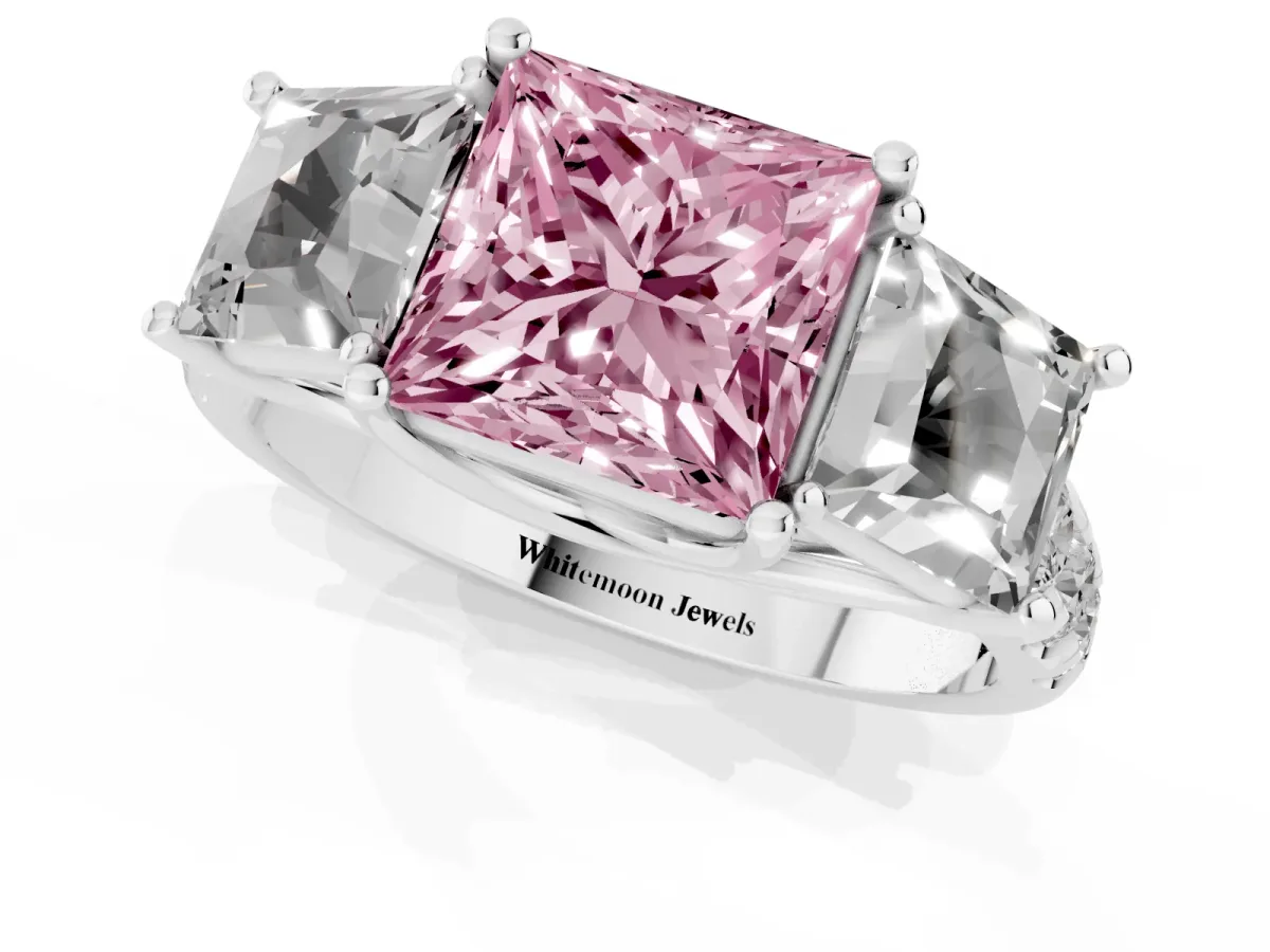 Fancy Pink Three-Stone Princess Cut Diamond Pavé Band with Prong Setting Silver