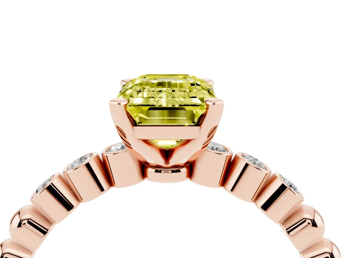 Fancy Yellow Emerald Cut Solitaire Bezel Accent Diamond Engagement Ring with Beaded Band and Four-Prong Setting Rose gold