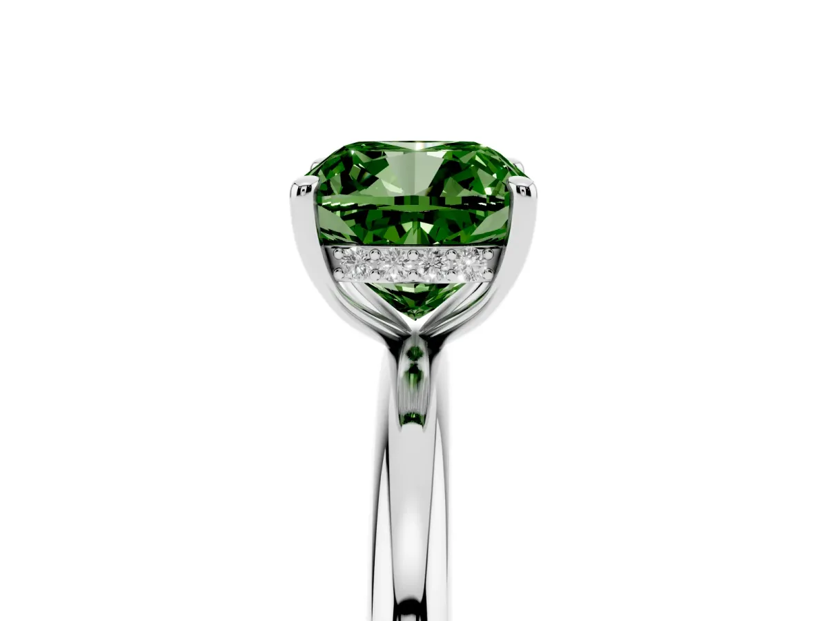 Fancy Green Cushion Cut Diamond Solitaire Ring with Thin Band and Four-Prong Setting Silver