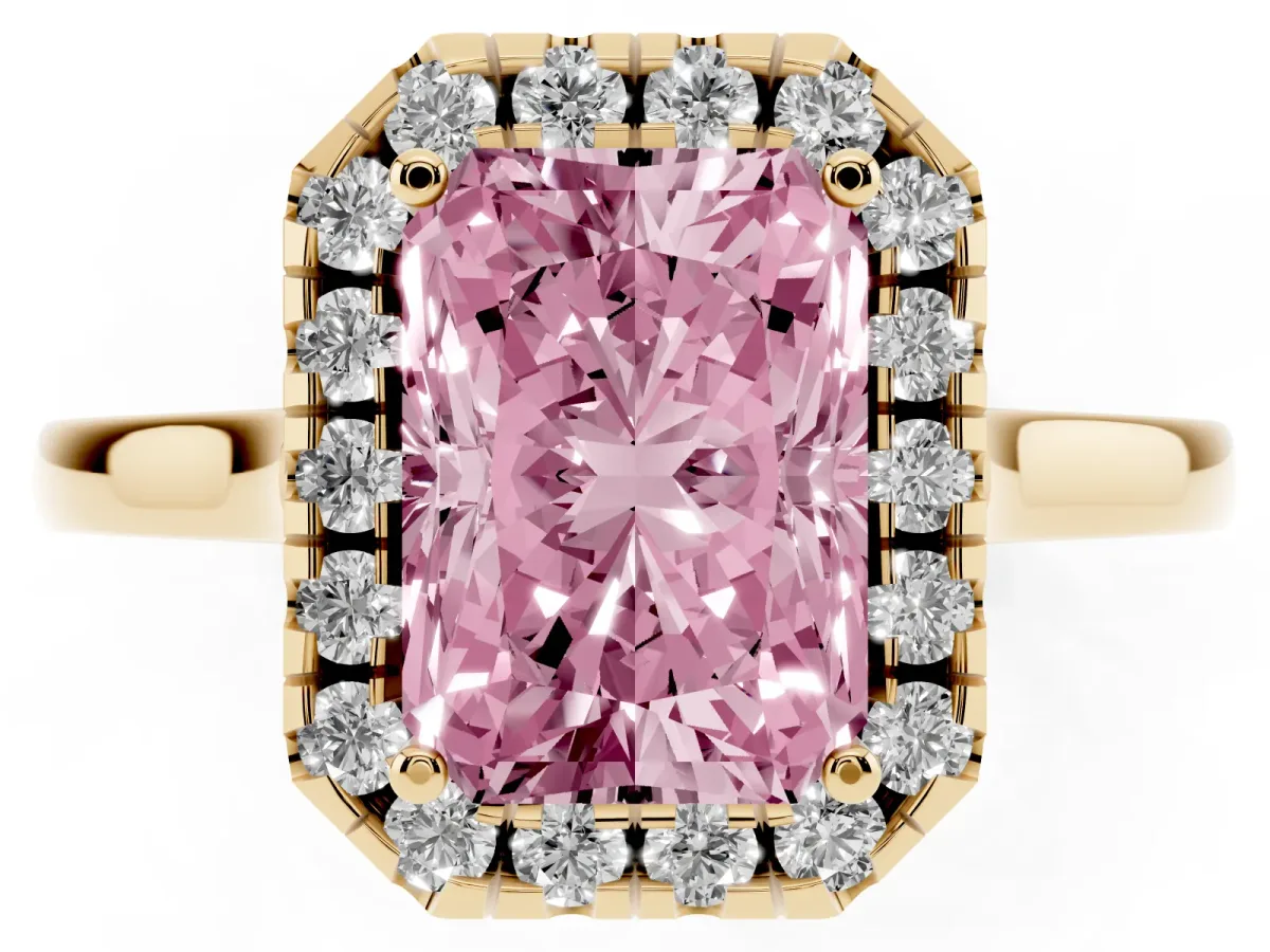 Fancy Pink Radiant Cut Halo Round Diamond Solitaire Ring with Pavé Band and Four-Prong Setting Yellow gold