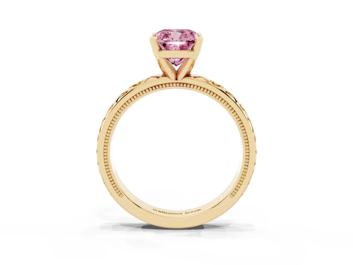 Fancy Pink Cushion Cut Solitaire Diamond Engagement Ring with XO Engraved Band and Four-Prong Setting Yellow gold