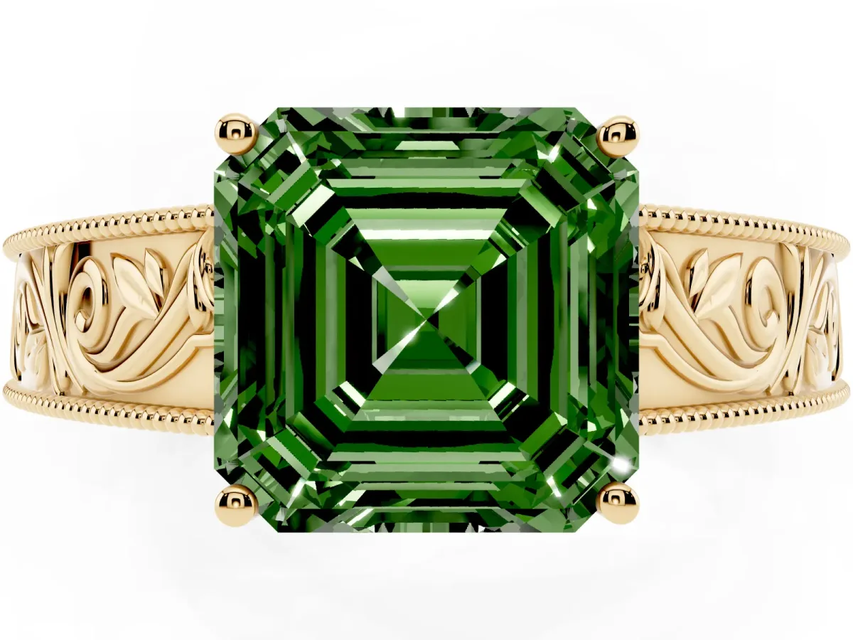 Fancy Green Asscher Cut Diamond Solitaire Ring with Engraved Band and Four-Prong Setting Yellow gold
