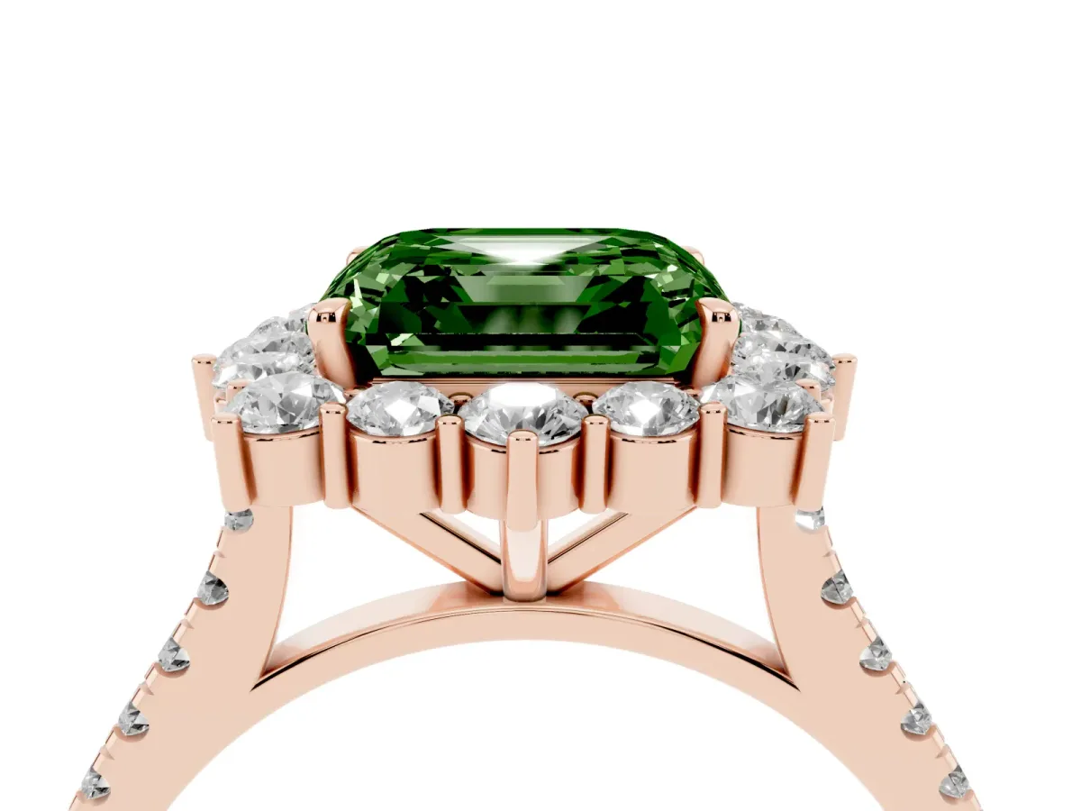 Fancy Green Asscher Cut Halo Diamond Ring with Pavé Band and Prong Setting Rose gold