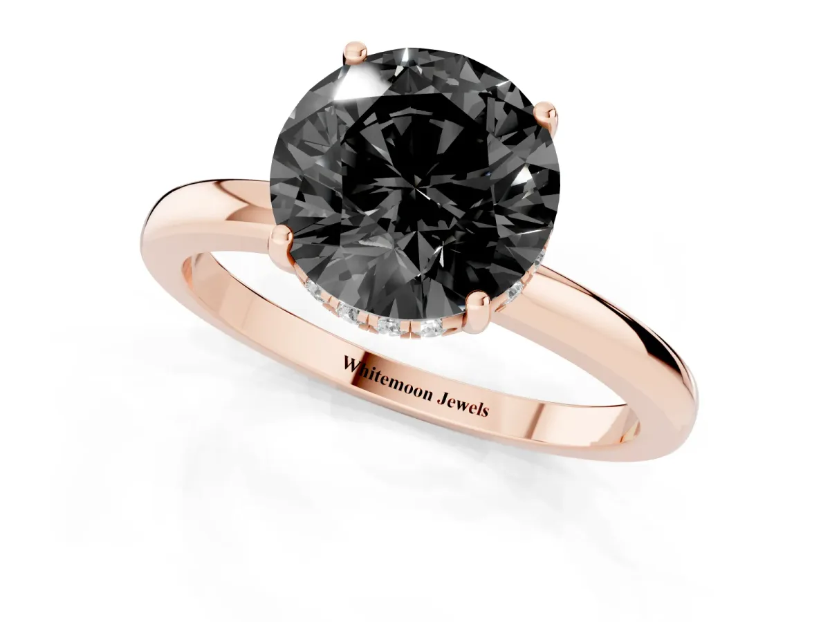Fancy Black Round Cut Solitaire Diamond Ring with Prong Setting and Plain Band Rose gold