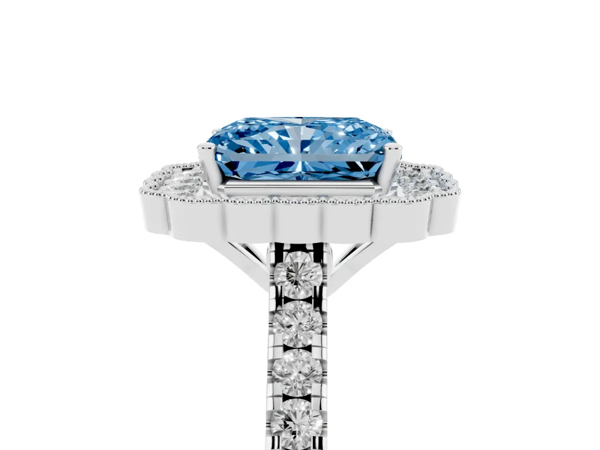 Fancy Blue Radiant Cut Cut Diamond Milgrain Floral Halo Engagement Ring with Pavé Band Silver