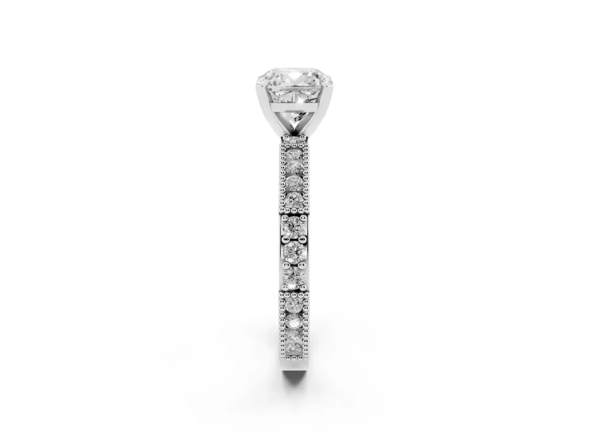 Cushion Cut Solitaire with Pavé Band and Four-Prong Setting Silver