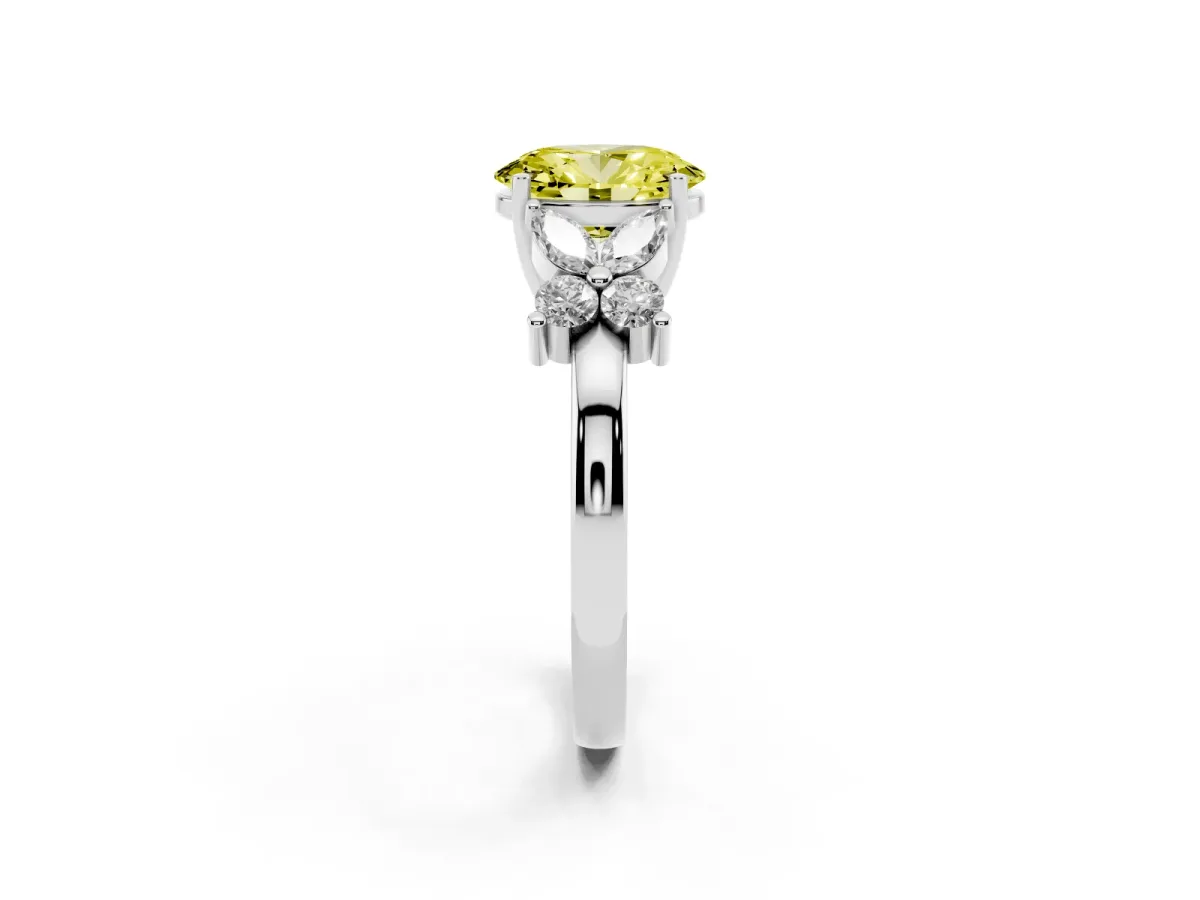 Fancy Yellow Oval Cut Diamond Floral Cluster Ring with Solitaire Band and Prong Setting White gold