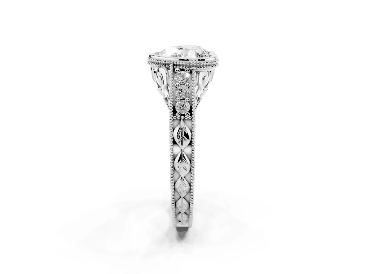 Bezel Set Heart Cut Diamond Milgrain Pave Engagement Ring Silver