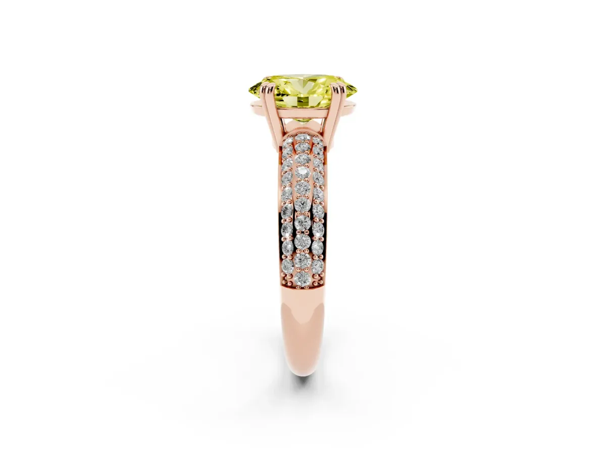 Fancy Yellow Oval Cut Diamond Solitaire Ring with Multi-Row Round Pavé Band and Prong Setting Rose gold
