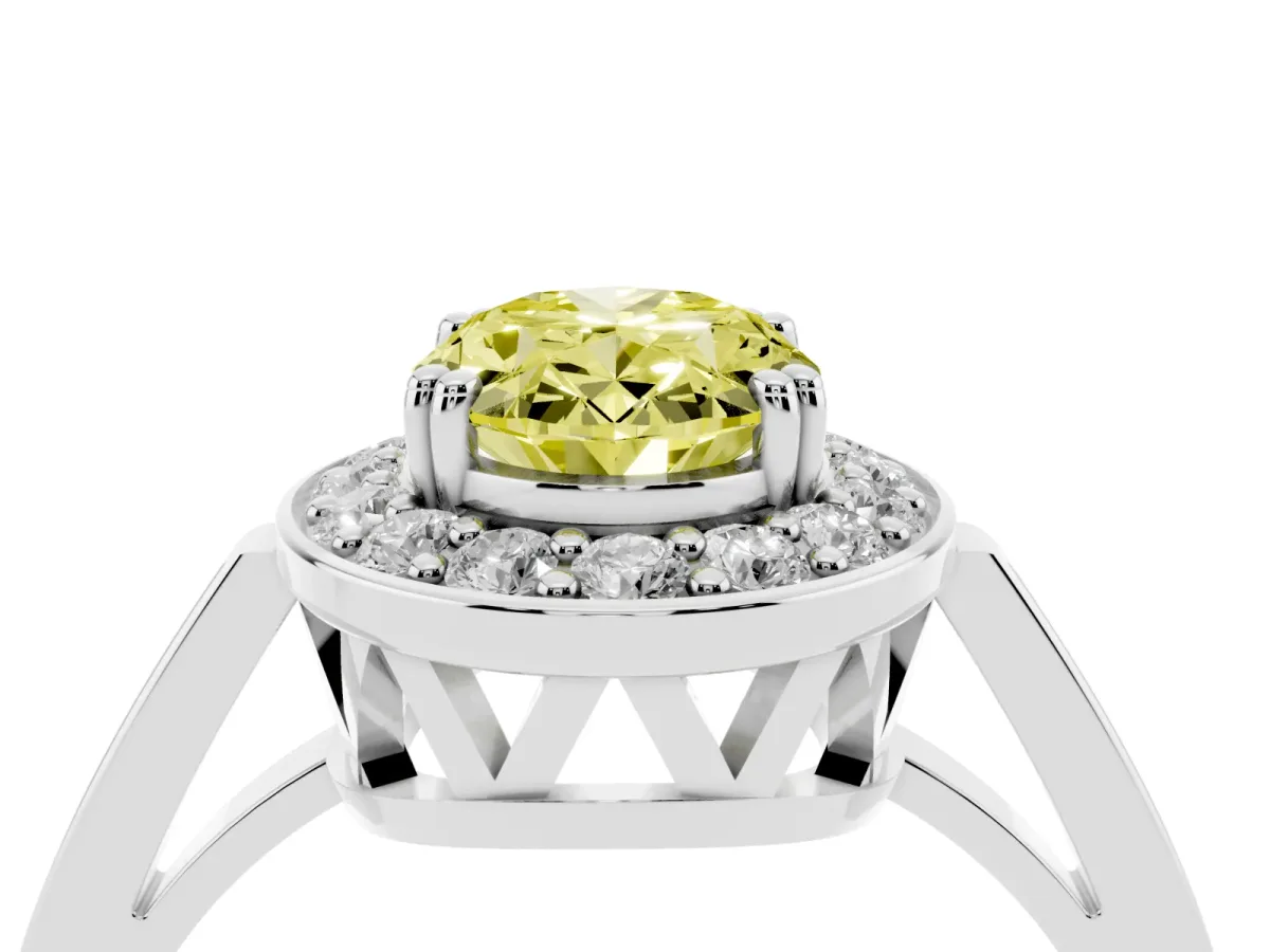 Fancy Yellow Oval Cut Diamond Halo Ring with Split Shank and Four-Prong Setting Silver