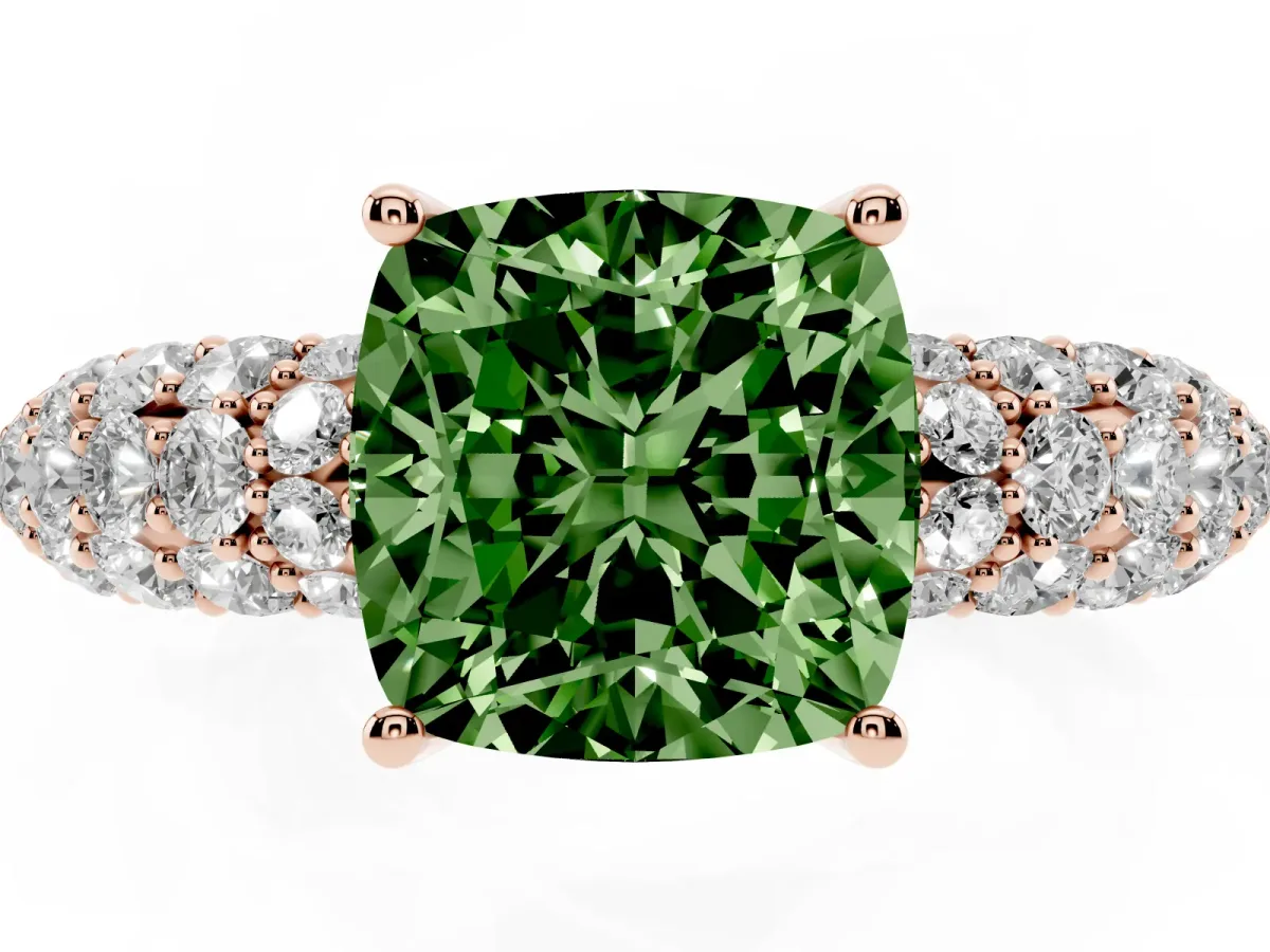 Fancy Green Cushion Cut Diamond Pavé Band Solitaire Ring with Four-Prong Setting Rose gold