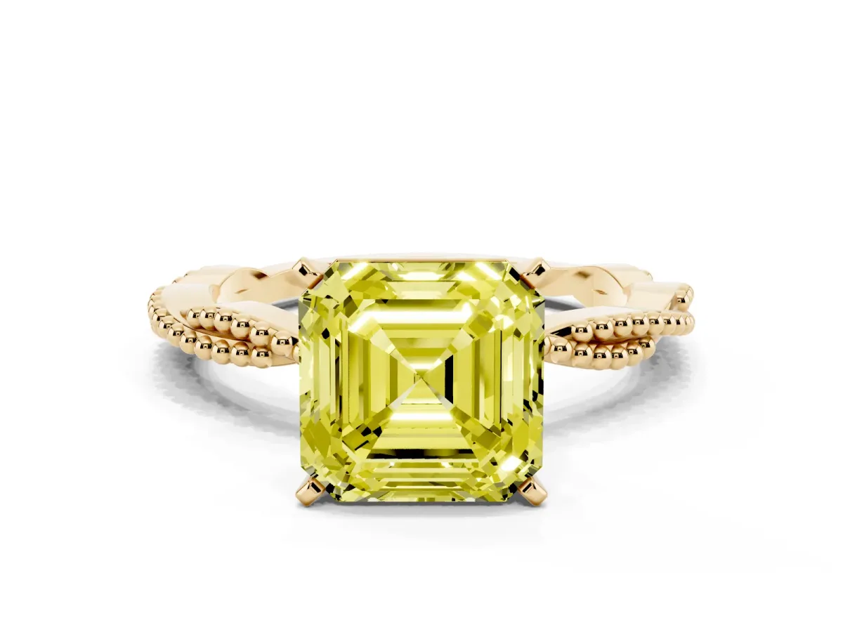 Fancy Yellow Asscher Cut Solitaire Twisted Band with Bead Prong Setting Yellow gold