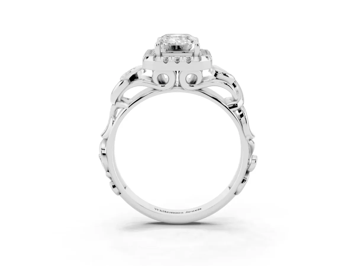 Emerald Cut Cut Halo Diamond Ring with Scrollwork Band and Four-Prong Setting Silver