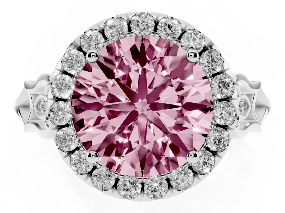 Fancy Pink Round Cut Halo Diamond Engagement Ring with Filigree Band and Four-Prong Setting Silver