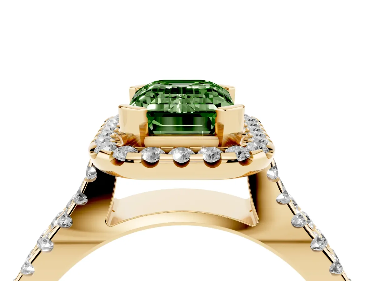 Fancy Green Emerald Cut Diamond Halo Ring with Split Shank Pavé Band and Prong Setting Yellow gold