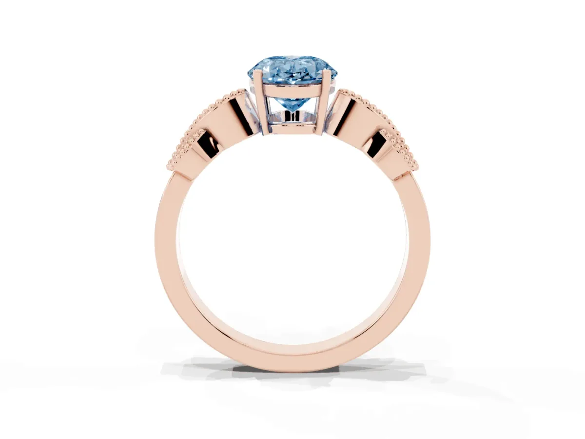 Fancy Blue Oval Cut Solitaire Milgrain Leaf Band with Prong Setting Rose gold