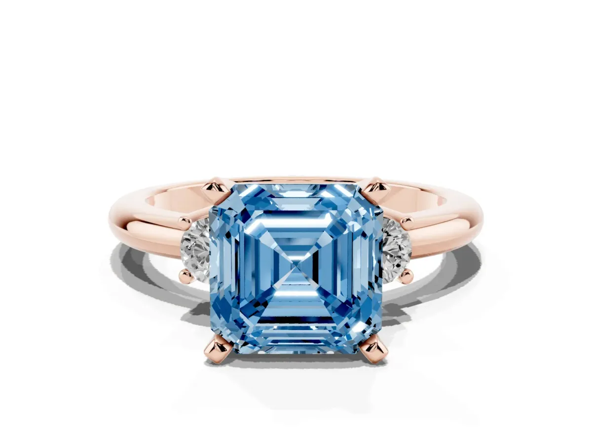 Fancy Blue Three-Stone Asscher Cut Cut Diamond Solitaire with Prong Setting and Classic Band Rose gold