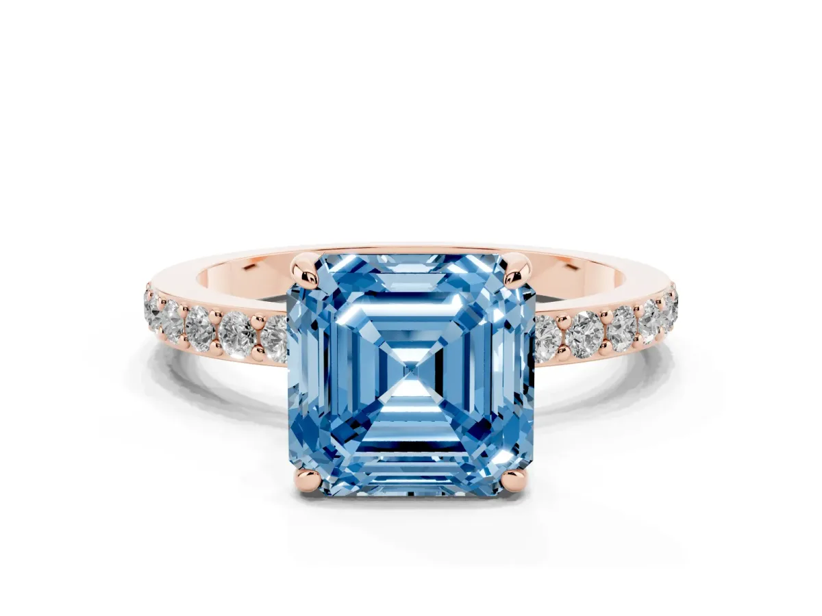 Fancy Blue Asscher Cut Diamond Solitaire Engagement Ring with Pavé Band and Four-Prong Setting Rose gold