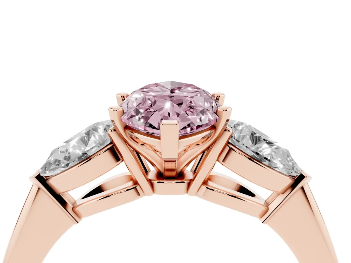 Fancy Pink Three-Stone Marquise Cut Diamond Ring with Pear Side Stones and Four-Prong Setting Rose gold