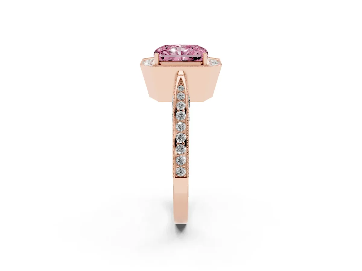 Fancy Pink Radiant Cut Halo Diamond Engagement Ring with Split Shank Band and Four-Prong Setting Rose gold